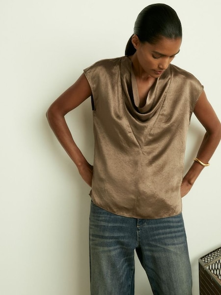 Satin Cowl Neck Top in Khaki (E52517) | $190