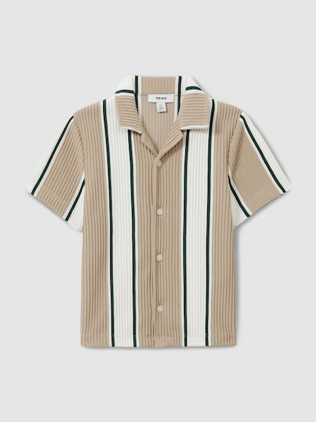 Alton Camel/Off White/Forest Green Ribbed Cuban Collar Shirt (E52841) | $60