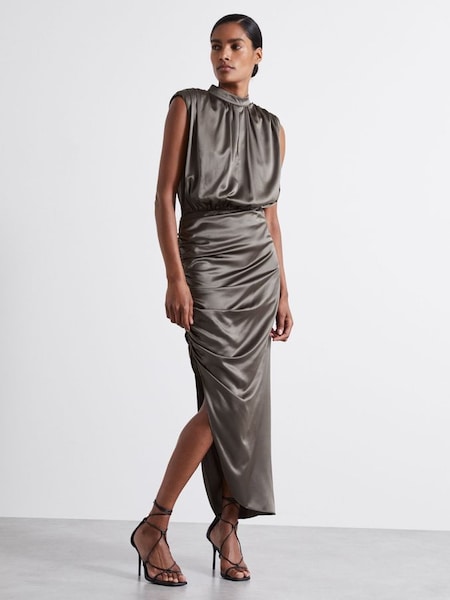 Atelier Ruched Silk Blend Satin Dress in Silver (E52846) | $750