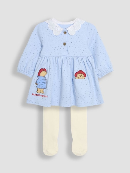 Blue Paddington Appliqué Button Front Dress & Tights Set (E74969) | $55