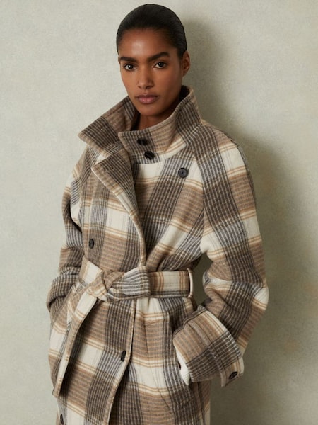 Wool Blend Check Double Breasted Coat in Neutral Check (E80207) | $810