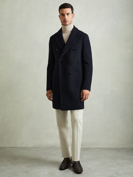 Wool Blend Herringbone Twill Overcoat in Navy Herringbone (E81704) | €495