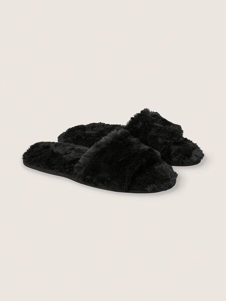 Pure Black Faux Fur Open Toe Slipper (K19454) | €30