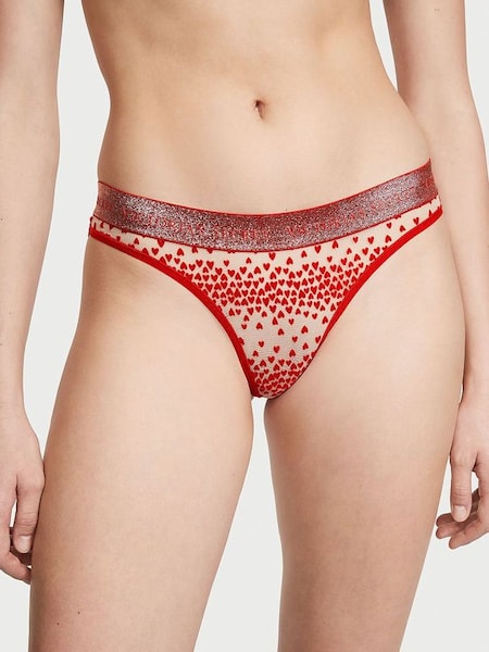 Lipstick Flocked Hearts Red Thong Logo Cotton Knickers (K24717) | €10.50