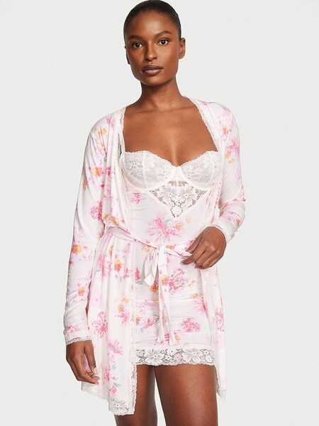 Pink Peony Bunches Modal Lace Trim Robe (K33447) | €56