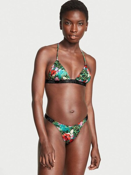 Tropical Floral Green Thong Shine Strap Swim Bikini Bottom. (K33469) | €13.50