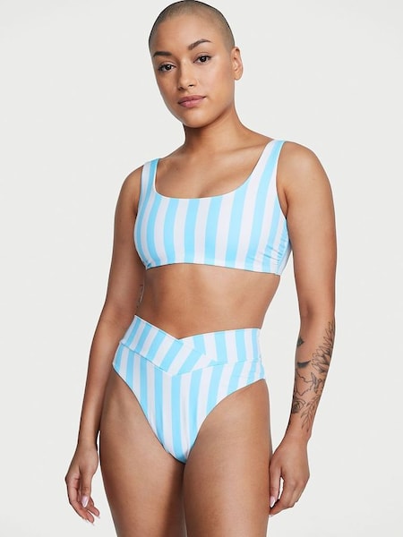 Aqua Blue Cabana Stripe High Waisted MixandMatch Crossover HighWaist Bikini Bottom (K34848) | €13.50