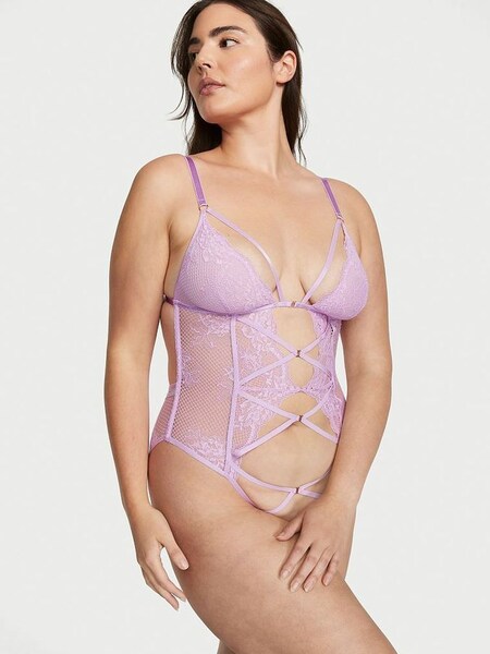 Silky Lilac Purple Fishnet Floral Cutout Bodysuit (K43421) | €79