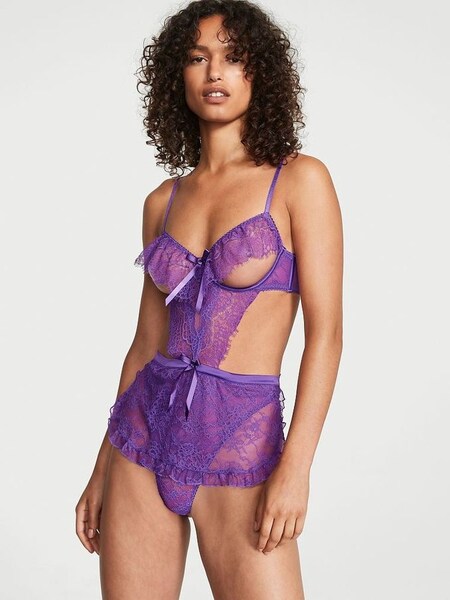 Violetta Purple Lace Lace Cut Out Apron Bodysuit (K43424) | €34