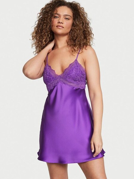 Violetta Purple Satin Lace Plunge Open  Back Slip Dress (K43664) | €27