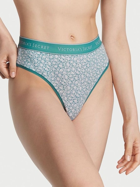 French Sage Green Ditsy Floral Logo High Leg Wide Side Thong Knickers (K52697) | €10.50