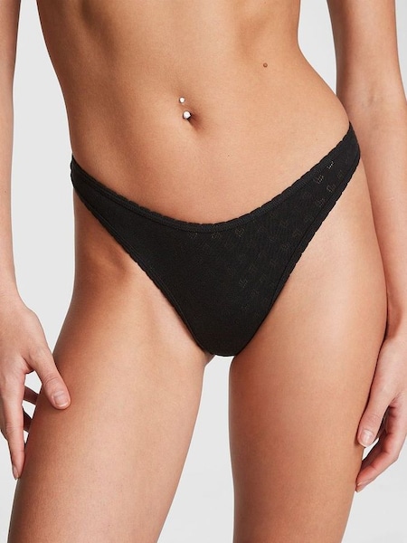 Pure Black Pointelle Cotton Thong Knickers (K66197) | €10.50