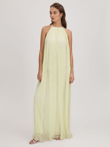 Florere Lace Pleated Maxi Dress in Pale Green (K72498) | €345