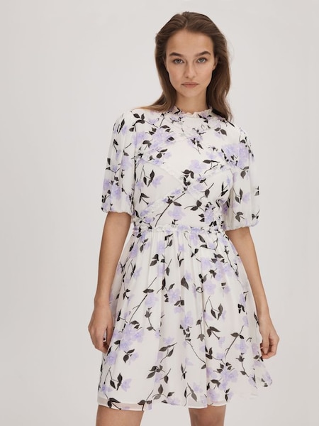 Florere Printed Puff Sleeve Mini Dress in Lilac (K72504) | $360