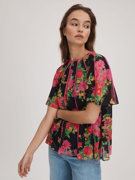 Florere roze/zwarte blouse met print en uitlopende mouwen (K72510) | € 185