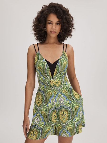 Florere Printed Dual Strap Playsuit in Lime/Green (K72511) | $295