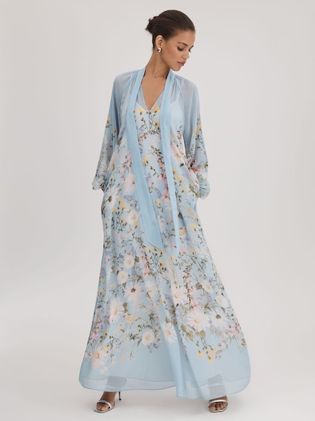 Florere - Lange vaalblauwe jurk met print en gestrikte hals (K72515) | € 325