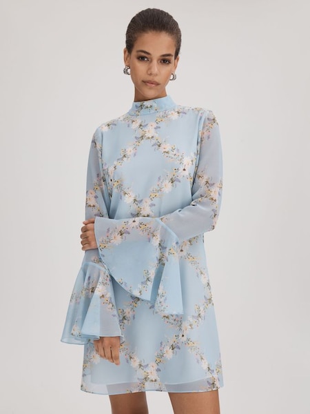 Vaalblauwe Florere mini-jurk met klokmouwen en print (K72517) | € 185