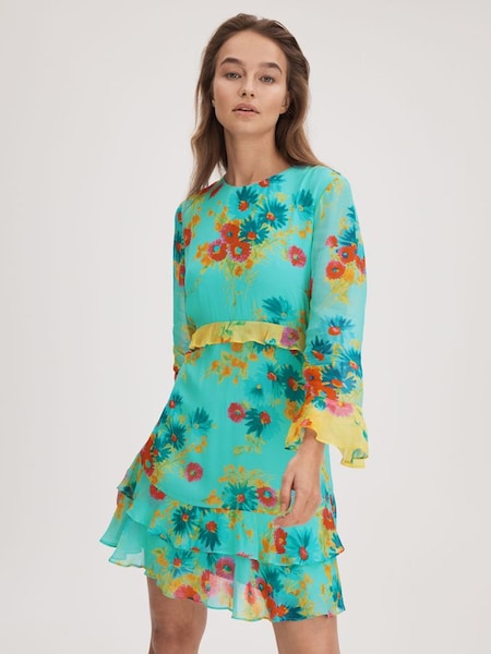 Florere Printed Ruffle Mini Dress in Turquoise (K72529) | $360