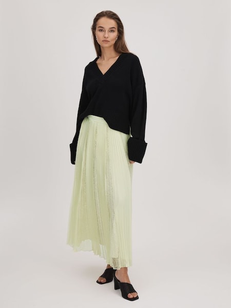 Florere Lace Pleated Midi Skirt in Pale Green (K72533) | $360