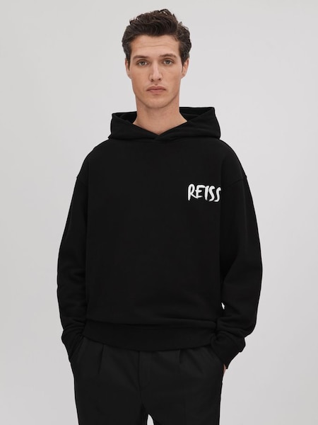 Cotton Relaxed Motif Hoodie in Black/White (K74319) | $260