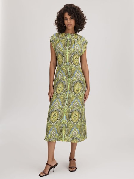 Limoengroene/limoengroene midi-jurk met print en gestrikte achterkant (K74328) | € 285
