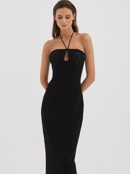 Rachel Gilbert Embellished Bodycon Midi Dress in Black (K74330) | $2,030