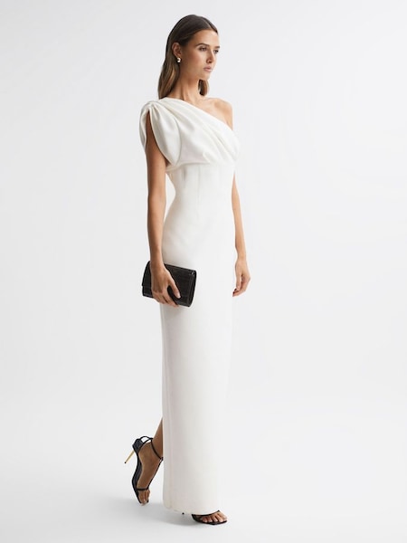 Rachel Gilbert - Ivoorkleurige lange jurk met één schouder (K74335) | € 1.095