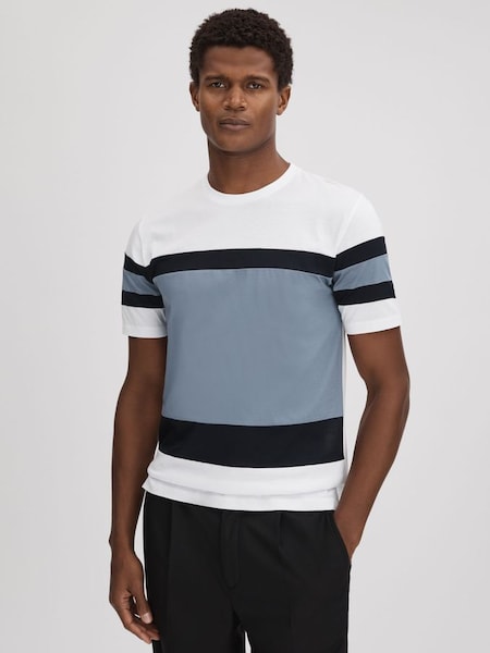T-shirt à col ras du cou en coton mercerisé bleu avio multicolore (K74359) | 85 €