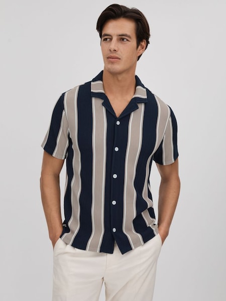 Slim Fit Ribbed Cuban Collar Shirt in Navy/Camel (K74371) | $180