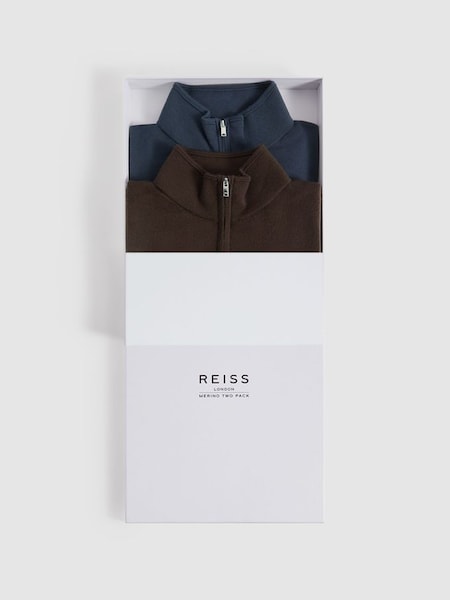 兩件裝美麗諾羊毛拉鍊領針織衫，採用鏤鏤鋯色巧克力色/無煙灰 (K74393) | HK$2,680