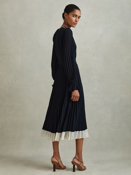 Petite Pleated Belted Midi Dress in Navy/Cream (K76098) | CHF 330
