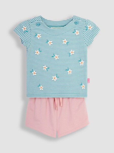 2-Piece Daisy Embroidered T-Shirt & Shorts Set in Duck Egg (K76903) | €41
