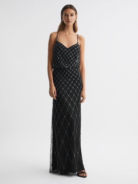 Raishma - Versierde lange jurk met gekruiste bandjes in zwart/grijs (K77551) | € 398