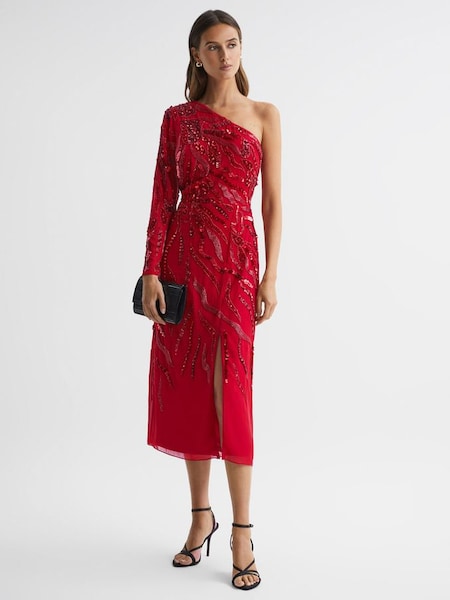 Raishma Embellished One-Shoulder Midi Dress in Bright Red (K77587) | $568