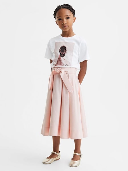 Teen Pleated Belted Taffeta Midi Skirt in Pink (K77592) | SAR 330