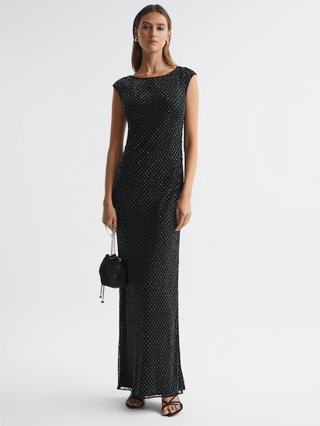 Raishma Embellished Semi-Sheer Maxi Dress in Black/Gunmetal (K77613) | $1,220