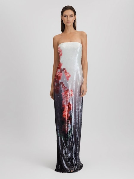 Halston lange strapless jurk met lovertjes in grijs met meerdere lovertjes (K80123) | € 995