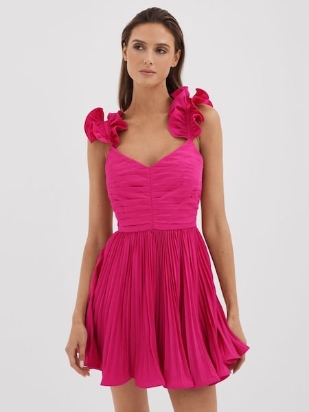 Amur Ruffle Strap Pleated Mini Dress in Pink Cabaret (K80124) | €740