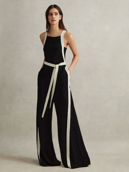 Contrast Trim Belted Jumpsuit in Black/White (K80774) | CHF 385