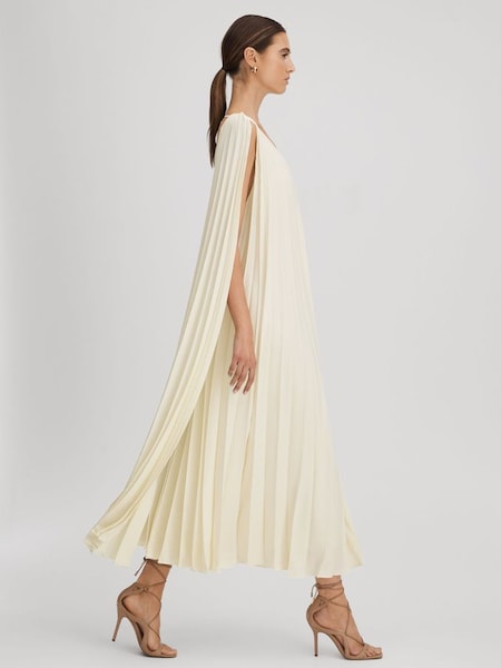 Pleated Cape Sleeve Midi Dress in Lemon (K80817) | $610