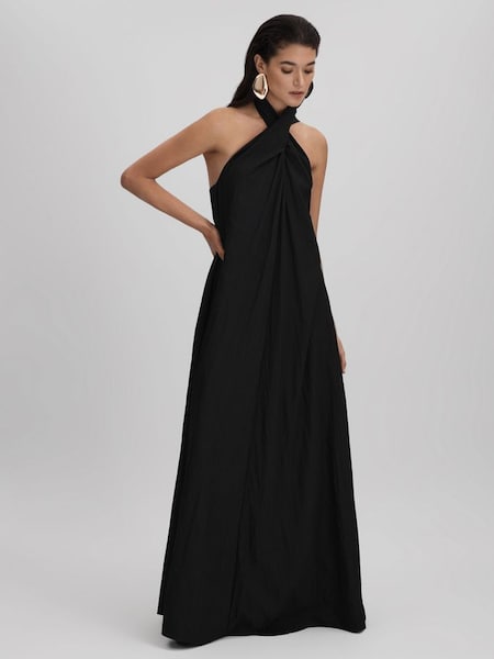 Taffeta Halter Neck Maxi Dress in Black (K80822) | CHF 430