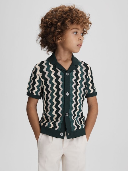 Chemise tricotée à col cubain pour senior, vert multicolore (K81418) | 65 €