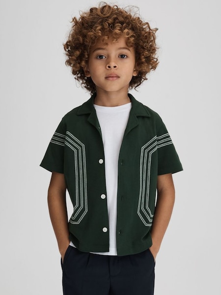 Junior Cotton Embroidered Cuban Collar Shirt in Green (K81438) | $45