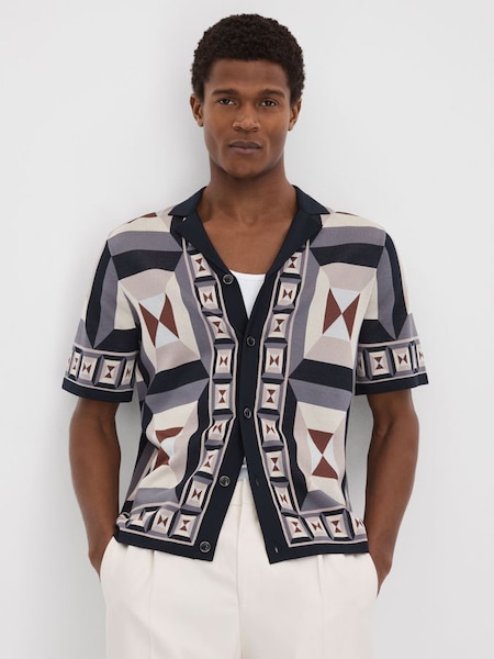 Chemise bleu multicolore en maille à col cubain (K81459) | 185 €