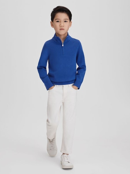 Junior wollen blauwe Lapis trui met opstaande boord en halve rits (K81497) | € 50