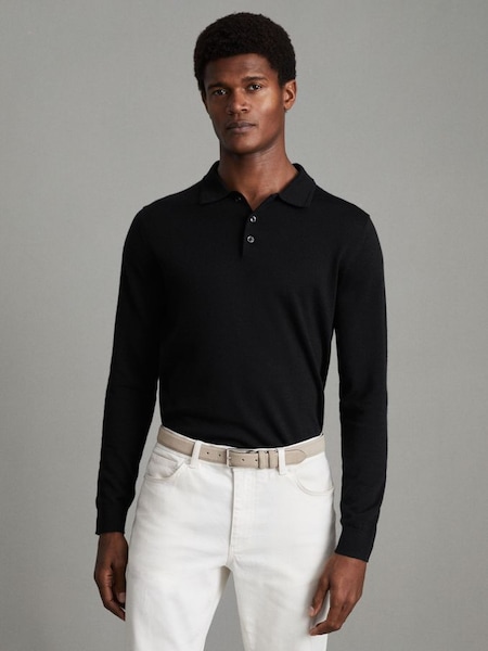 Merino Wool Polo Shirt in Black (K81509) | $195
