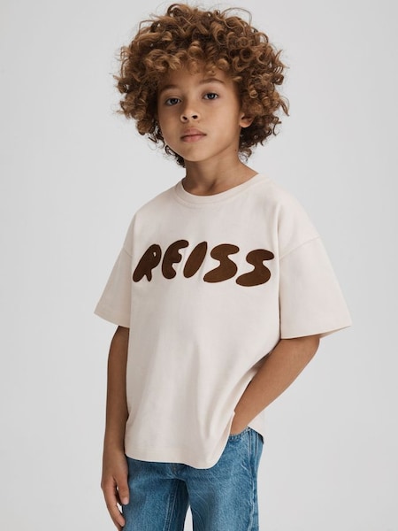Katoenen junior T-shirt met ronde hals en motief in ecru (K81516) | € 25