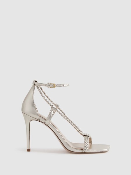 Leather Plaited Strappy Heeled Sandals in Gold (K81530) | $285