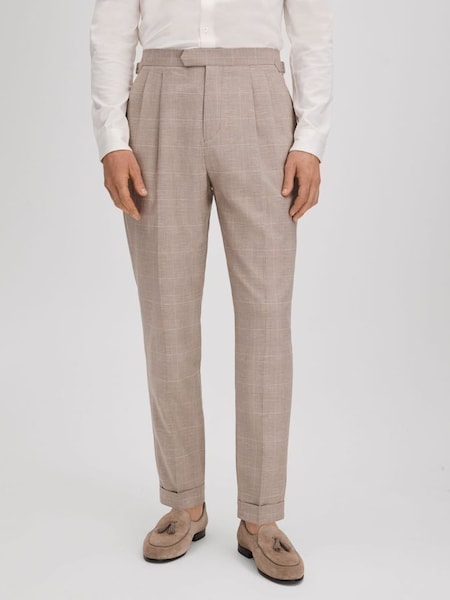 Slim Fit Check Adjuster Trousers with Turn-Ups in Oatmeal (K81540) | $280